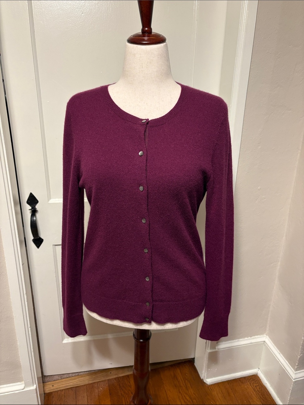 Ann Taylor 100% Cashmere Plum /Wine Crewneck Button-Front Cardigan Sweater
